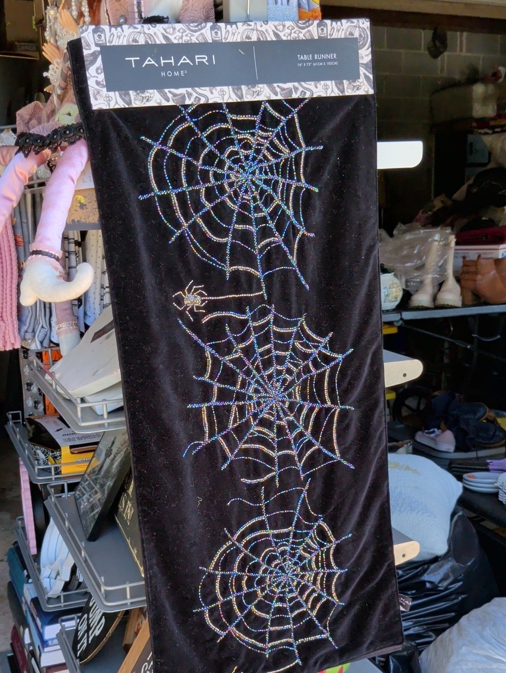 Tahari Black Sequin Spiderweb Halloween Table Runner